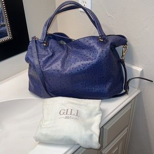 G.I.L.I.  Large Roma Blue Ostrich carryall bag. 18” L x 14” H x 7” W.